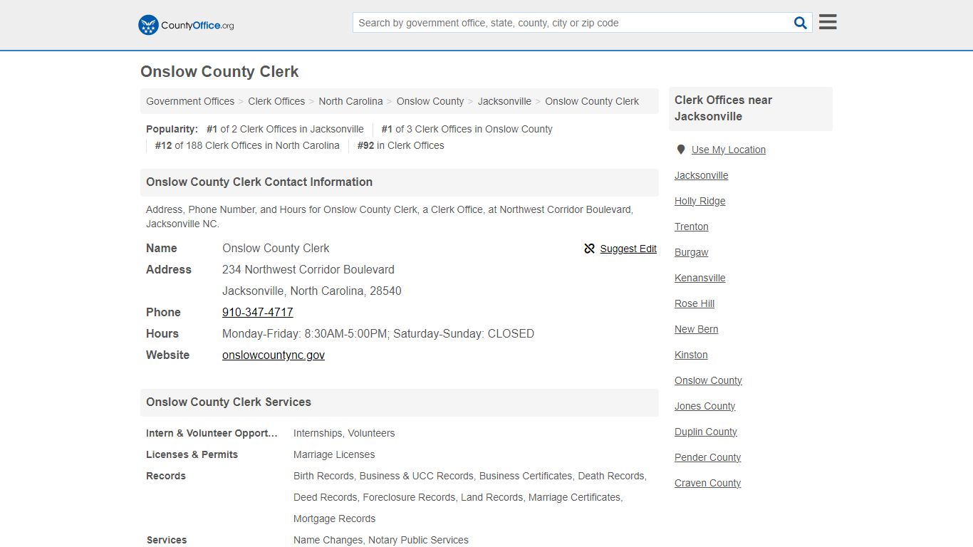 Onslow County Clerk - Jacksonville, NC (Address, Phone, and Hours)